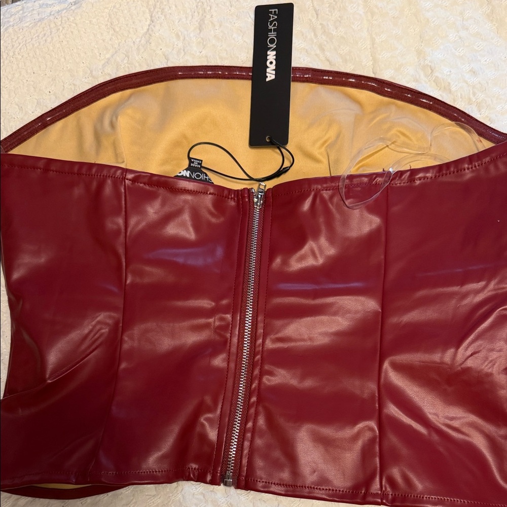 Fashion Nova Burgundy Faux Leather Strapless Corset Top - Picture 3 of 3